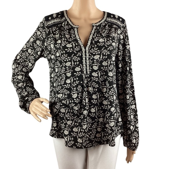 Lucky Brand Floral Peasant Top Size M Black White - Picture 1 of 8
